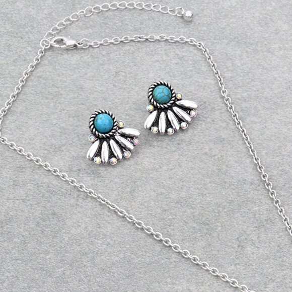 Turquoise Crystal Bling Concho Stone Necklace Earrings Western Cowgirl SET NEW - Picture 4 of 5